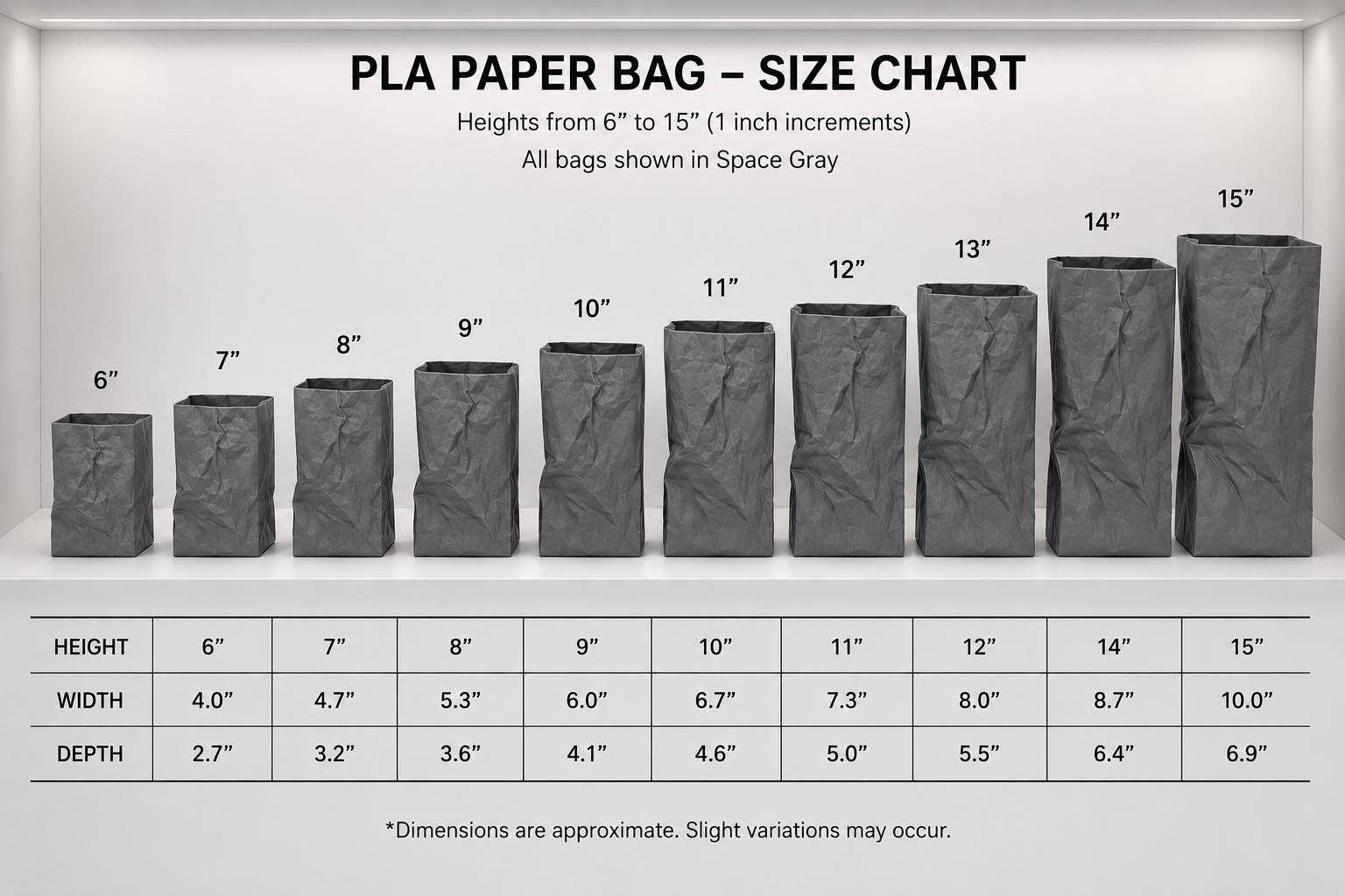 A size chart showing a progression of space gray paper bag replicas ranging from 6 to 15 inches tall.