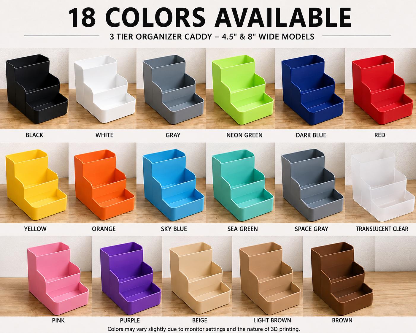 A colour chart displaying 18 different shades of the tiered organizer caddy in 4.5 and 8 inch widths.