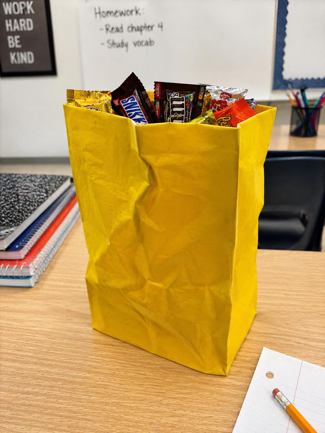 A bright yellow, 3D printed paper-style bag overflowing with various candy bars on a classroom desk.