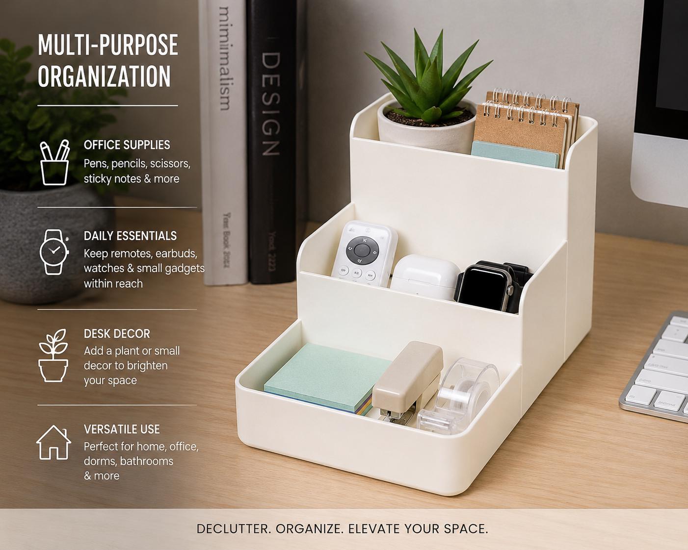 Infographic showing a beige caddy on a desk with labels for office, tech, and decor organization uses.