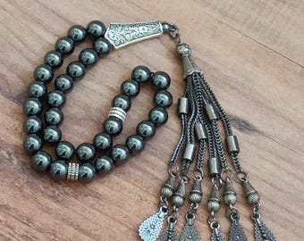 Hematite Tasbih 33 Beads Natural Stone Prayer Beads Handmade Islamic Gift Dhikr Tasbeeh Personalized Velvet Box Free Shipping