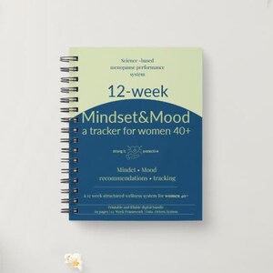 May include: A spiral-bound notebook with a cover that reads "12-week Mindset & Mood" and "a tracker for women 40+". The cover is split into light green and dark blue sections. The notebook is on a white surface.