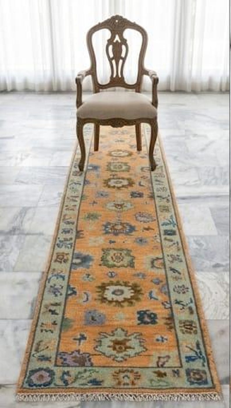 Orange Oushak Runner Rug, Hand Knotted Wool Hallway Runner, Traditional ...
