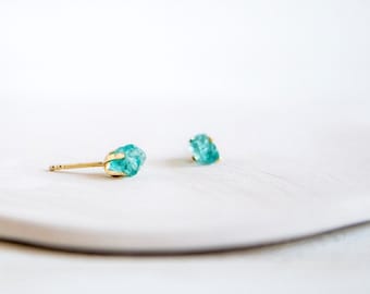 Apatite rough stud earrings. 925 Sterling silver and 18kt Gold filled gemstone studs for bridemaids gifts and wedding details. Raw gemstones