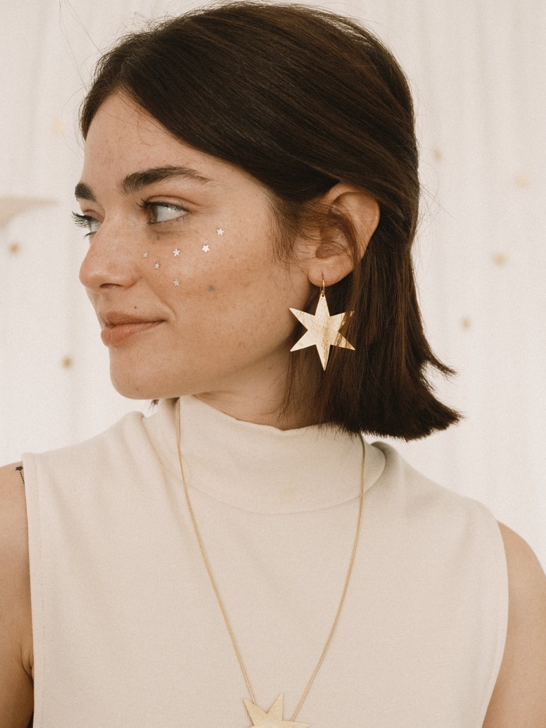 Large Star dangle earrings gold. Star gold earrings. Statement earrings. Large lightweight earrings. Celestial jewelry image 5