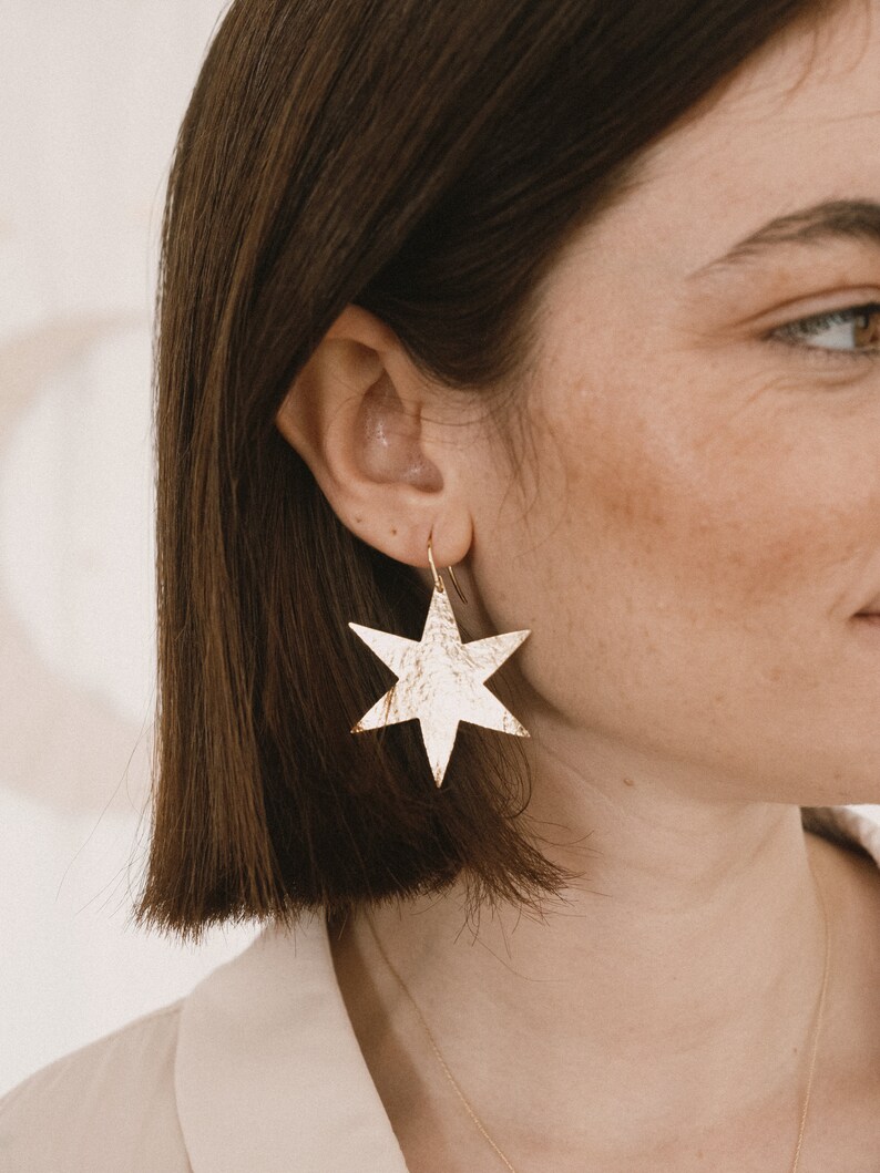 Large Star dangle earrings gold. Star gold earrings. Statement earrings. Large lightweight earrings. Celestial jewelry image 3