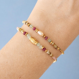 Women's delicate gold-plated natural stone bracelet, ruby, aventurine, tourmaline, and pearl, handmade in France, available in pairs or individually.