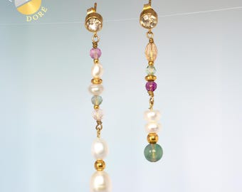 Pendientes largos para mujer de fluorita y perla de agua dulce, joyería de dama de honor hecha a mano en acero inoxidable procedente de Francia.