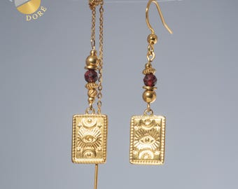 Pendientes largos asimétricos, joyería femenina en granate y acero inoxidable bañado en plata, elegante estilo bohemio místico, hechos a mano.