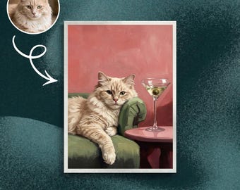 May include: A digital painting of a fluffy, light brown cat lounging on a green sofa. A martini glass with an olive sits on a small pink table. The background is a solid, muted red.