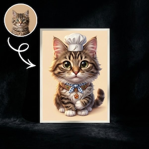May include: A framed print of a cartoon cat in a chef's outfit. The cat has brown and tan fur, green eyes, and wears a white chef's hat with a whisk symbol. It has a blue and white checkered bow tie and holds a whisk. A smaller portrait of the cat is in the upper left.