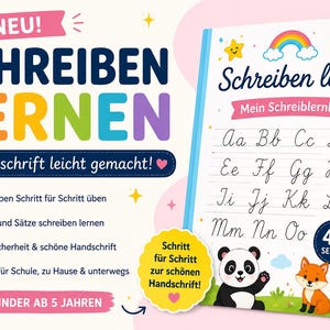 Puede incluir: Un cuaderno de escritura para niños con el título "Schreiben Lernen" y el texto "Mein Schreiblernheft". La portada presenta un arcoíris, una estrella, un panda y un zorro. Un lápiz amarillo descansa sobre el libro abierto. El libro tiene 40 páginas.
