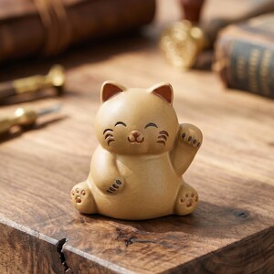 May include: A tan ceramic Maneki Neko cat figurine with a raised paw, smiling face, and detailed paw prints. The lucky cat is sitting on a wooden surface. Decorative item.