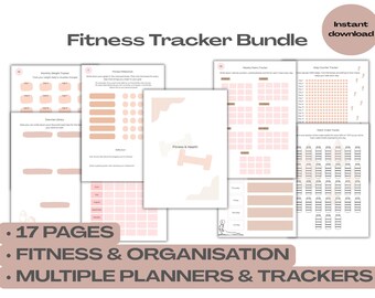 Fitness Planner Bundle | 17 Pages | Workout Tracker, Habit Tracker, Meal Planner, Grocery List | Printable PDF |