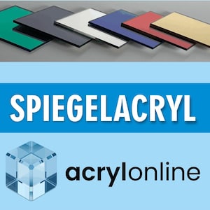 Peut inclure: Une collection de feuilles de miroir acrylique rectangulaires de couleurs verte, gris foncé, argentée, bleue, rouge et dorée disposées en rangée. L'image présente le texte SPIEGELACRYL en blanc et le texte acrylonline à côté d'une icône de cube bleu.