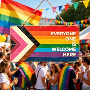 May include: A rectangular wooden sign hanging by a rope, featuring the Progress Pride flag design with horizontal stripes of red, orange, yellow, green, blue, and violet, plus a chevron of black, brown, light blue, pink, and white, with the text EVERYONE ONE IS WELCOME HERE.