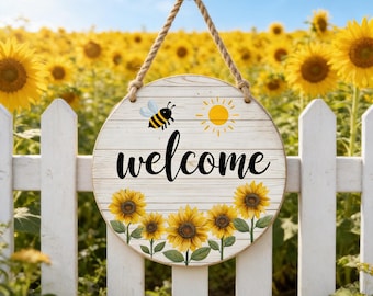 Decoración de verano con girasoles para la puerta, corona de madera con girasoles para la puerta principal, letrero de bienvenida para colgar en la pared del porche de la oficina o en la decoración del hogar.