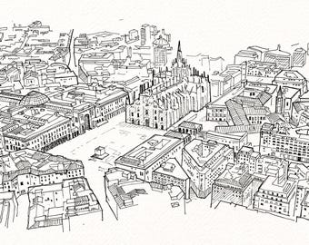 Milano vista dall'alto: stampa architettonica disegnata a mano.