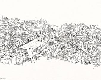 Milano vista dall'alto: stampa architettonica disegnata a mano.