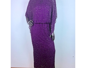Patra Purple Sequin Beaded Gown Silk Cape Overlay Formal Evening Dress Size 12