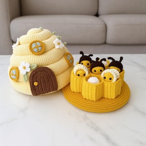 Patrón de colmena de abejas a crochet (PDF) - Tutorial de conjunto de abejas amigurumi, Patrón de casa de abejas a crochet, Linda familia de abejas amigurumi DIY, Patrón de abeja pequeña hecha a mano