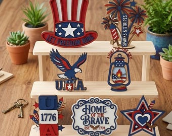 4th of July Tiered Tray Decor Set, 3D Layered Wood Patriotic Signs, Independence Day Table Decor, USA Eagle Uncle Sam Hat, Memorial Day Gift