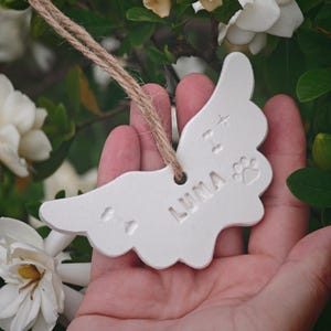 Handmade Clay Angel Wings Pet Memorial Ornament, Paw Print Keepsake, Custom Sympathy Gift