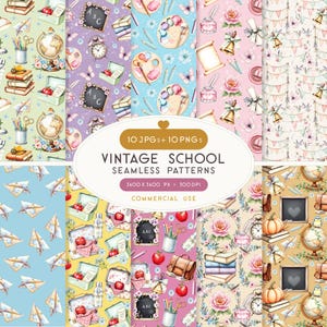 Può includere: Una collezione di dieci motivi digitali senza cuciture con illustrazioni a tema scolastico vintage, tra cui mappamondi, lavagne, libri, mele, tavolozze, aeroplanini di carta e campanelle, con il testo 10 JPGs+10 PNGs VINTAGE SCHOOL SEAMLESS PATTERNS 3600 X 3600 PX 300 DPI COMMERCIAL USE.