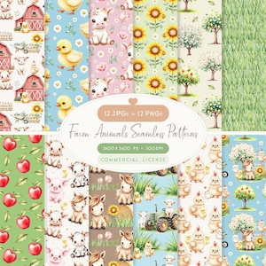 Pode incluir: Uma coleção de padrões sem costura em aquarela com animais de fazenda e elementos. Os designs incluem vacas, pintinhos, patos, girassóis, celeiros e macieiras. O texto diz "Farm Animals Seamless Patterns" e "Commercial License".
