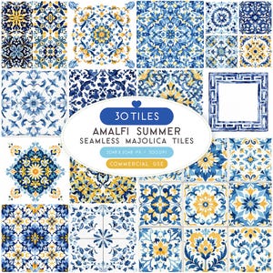 Può includere: Una collezione di 30 piastrelle maioliche senza cuciture Amalfi Summer. Le piastrelle presentano intricati motivi floreali e geometrici nelle tonalità del blu, giallo e bianco. L'immagine include il testo "Commercial Use".