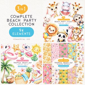Beach Party Clipart Bundle, Watercolor Baby Animal PNG, Tropical Seamless Patterns, Kids Pool Party, Sea Birthday Invite, Summer Baby Shower
