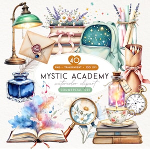 May include: A collection of watercolor illustrations featuring a green desk lamp, books with flowers, a starry backpack, a jar of pencils, an envelope with a wax seal, an inkwell with a quill, a magnifying glass, a potion bottle, and a pocket watch.