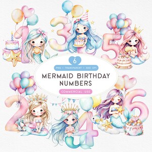 Puede incluir: Ilustraciones de acuarela de números de cumpleaños de sirena del 1 al 6, cada una con una sirena, globos y pastel. El texto dice "Mermaid Birthday Numbers" y "Commercial Use."