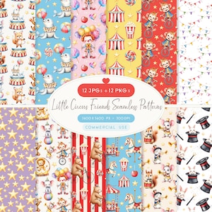 Könnte beinhalten: Eine Sammlung von 12 nahtlosen Mustern mit Zirkusmotiven. Die Designs zeigen Zirkustiere, Zelte, Popcorn und Sterne in verschiedenen Farben. Erhältlich in JPG- und PNG-Formaten, die Muster haben eine Auflösung von 3600 x 3600 Pixeln.