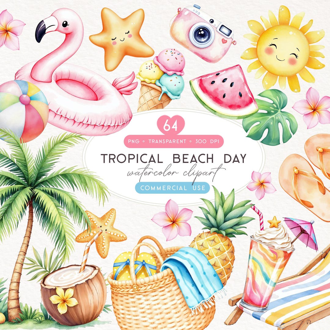 Tropical Beach Accessories Clipart, Summer Vacation Watercolor Sea PNG ...