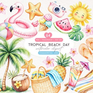 Puede incluir: Clipart de acuarela con un flotador de flamenco rosa, estrellas de mar, conos de helado, rodajas de sandía y un sol sonriente. El texto dice "Tropical Beach Day watercolor clipart".