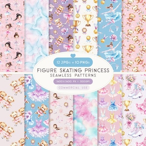 May include: A collection of seamless patterns featuring figure skating princesses, teddy bears, trophies, and ice skates. The patterns are in soft pastel colors, including pink, blue, and purple. The text "FIGURE SKATING PRINCESS SEAMLESS PATTERNS" is displayed.