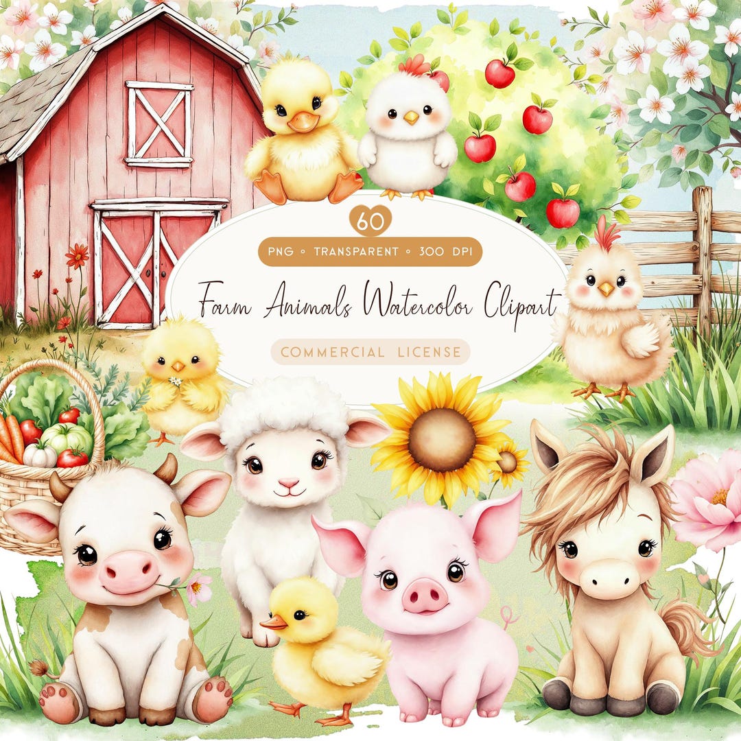 Farm Animals Clipart, Baby Barnyard PNG, Farm Nursery Decor, Little ...
