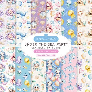 Könnte beinhalten: Eine Sammlung nahtloser Muster mit Unterwasser-Thema. Die Muster zeigen Meerjungfrauen, Wale, Quallen und andere Meereslebewesen in Pastellfarben. Der Text lautet "UNDER THE SEA PARTY SEAMLESS PATTERNS".