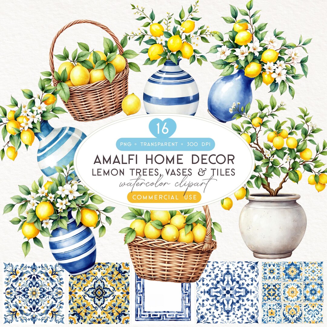 Amalfi Coast Home Decor Clipart, Lemon Tree in Pot, Mediterranean Blue ...