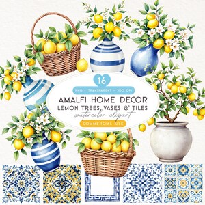 Imágenes prediseñadas de decoración del hogar de la Costa Amalfitana, limonero en maceta, jarrones mediterráneos azules y blancos en acuarela PNG, azulejos de mayólica italianos, arte de cerámica de limón