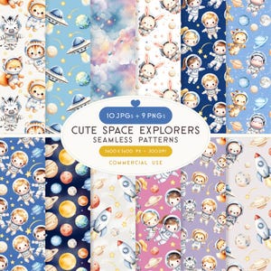 Può includere: Una collezione di motivi senza cuciture ad acquerello con simpatici esploratori spaziali. I motivi presentano astronauti, pianeti, razzi e adorabili personaggi animali in tute spaziali. La tavolozza dei colori comprende blu, viola e giallo.