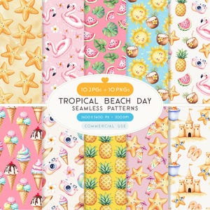 Op de afbeelding: Een verzameling naadloze aquarelpatronen met een tropisch strandthema. Ontwerpen omvatten zeesterren, flamingo's, watermeloenen, zonnen, ananassen, ijsjes, camera's en zandkastelen. De tekst luidt "TROPICAL BEACH DAY SEAMLESS PATTERNS".