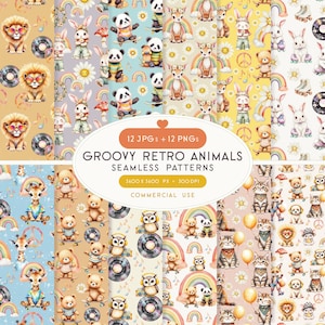 Groovy Retro Animals Seamless Patterns, Cute Skater Animals Digital Paper, Hippie Nursery Background, Boho Rainbow Print, Commercial use