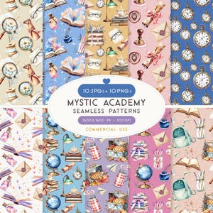 May include: A digital collection of Mystic Academy seamless patterns featuring illustrations of books, globes, pocket watches, inkwells, letters with wax seals, backpacks, and lamps in various color palettes including blue, pink, and beige backgrounds.