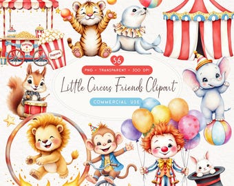 Baby Circus Clipart PNG, Cute Animals Watercolor Bundle, Kids Nursery Decor and Party Invitations, Lion Elephant Seal Monkey, Commercial use
