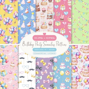 Könnte beinhalten: Eine Sammlung nahtloser Geburtstagspatterns in Aquarell. Die Muster zeigen Ballons, Partyhüte, Kuchen, Geschenke und andere festliche Elemente in verschiedenen Farben. Der Text "Birthday Party Seamless Patterns" ist enthalten.