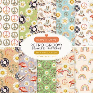 May include: A collection of retro-themed seamless patterns. Designs include roller skates, daisies, rainbows, peace signs, vinyl records, and mushrooms. The text reads "RETRO GROOVY SEAMLESS PATTERNS".