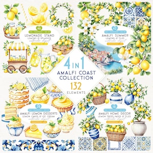 Może przedstawiać: Kolekcja akwareli z motywami cytryn i Wybrzeża Amalfi. Zawiera grafikę stoisk z lemoniadą, cytrynowe desery, letnie sceny, dekoracje domu i dekoracyjne płytki. Kolekcja zawiera 132 elementy.