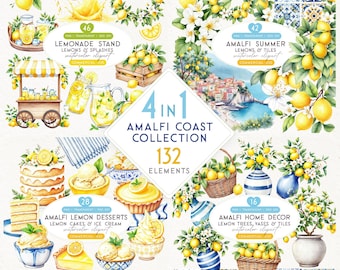 Amalfi Coast Clipart Bundle, Mediterranean Tiles, Lemon Cake & Gelato, Main Squeeze Wedding, Zesty Party, Lemonade Stand, Italian Summer PNG